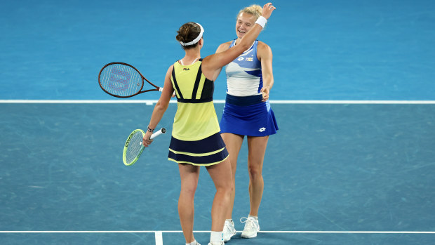 Barbora Krejcikova of the Czech Republic and Katerina Siniakova of the Czech Republic celebrate winning championship point in the Women's Doubles Final against Shuko Aoyama of Japan Ena Shibahara of Japan during day 14 of the 2023 Australian Open at Melbourne Park on January 29, 2023 in Melbourne, Australia. (Photo by Clive Brunskill/Getty Images)