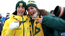 Gold medallist Jakara Anthony of Team Australia poses for a photo with former professional athlete and IOC Member Jessica Fox following the medal ceremony for the Women's Dual Moguls on day eight of the Milano Cortina 2026 Winter Olympic games at Livigno Air Park on February 14, 2026 in Livigno, Italy 