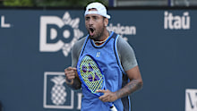 Nick Kyrgios reacts against Mackenzie McDonald at the Miami Open.