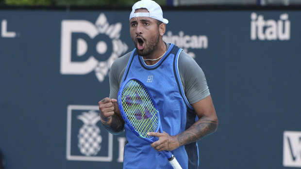 Nick Kyrgios reacts against Mackenzie McDonald at the Miami Open.
