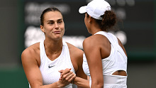 Aryna Sabalenka shakes hands with Madison Keys of United States following  the Women's Singles Quarter Final match during day ten of The Championships Wimbledon 2023 at All England Lawn Tennis and Croquet Club on July 12, 2023 in London, England. (Photo by Mike Hewitt/Getty Images)