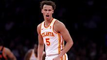 NEW YORK, NEW YORK - DECEMBER 11:  Dyson Daniels #5 of the Atlanta Hawks celebrates a shot during the second half of the quarterfinal game of the Emirates NBA Cup at Madison Square Garden on December 11, 2024 in New York City. The Atlanta Hawks defeated the New York Knicks 108-100 to advance to the semifinal round. NOTE TO USER: User expressly acknowledges and agrees that, by downloading and or using this photograph, User is consenting to the terms and conditions of the Getty Images License Agre