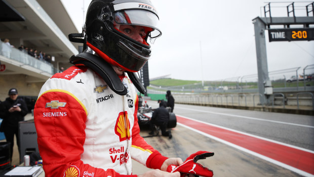 Scott McLaughlin looks out at the track on a wet Austin day.