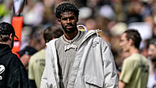 BOULDER, CO - APRIL 19:  Former Colorado Buffaloes player Shedeur Sanders looks on during the Black and Gold Spring Game at Folsom Field on April 19, 2025 in Boulder, Colorado. (Photo by Dustin Bradford/Getty Images for ONIT)