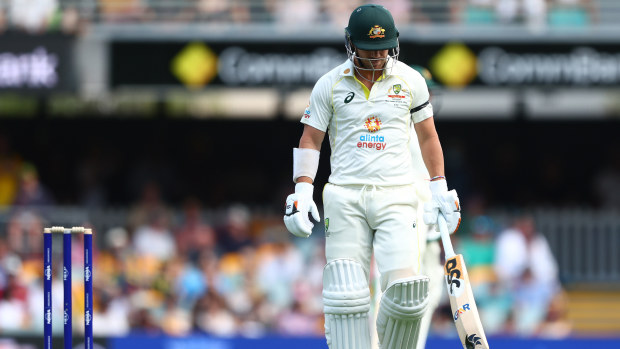 David Warner of Australia leaves the ground after being dismissed during day one of the First Test match between Australia and South Africa at The Gabba on December 17, 2022 in Brisbane, Australia. (Photo by Chris Hyde - CA/Cricket Australia via Getty Images)