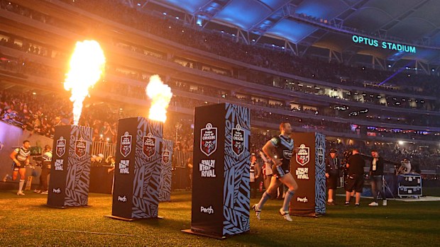 Boyd Cordner of New South Wales leads the team onto the field during game two of the 2019 State of Origin series between the New South Wales Blues and the Queensland Maroons at Optus Stadium on June 23, 2019 in Perth, Australia. (Photo by Paul Kane/Getty Images)