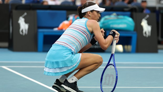 Ajla Tomljanovic reacts during her first-round clash with Yuliia Starodubtseva at the 2026 Australian Open.