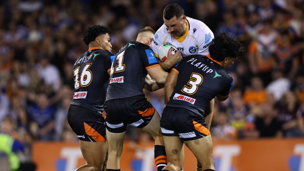 The Eels' Reagan Campbell-Gillard is tackled.