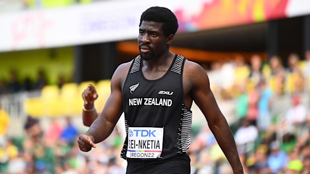 EUGENE, OREGON - JULY 16: Edward Osei-Nketia of Team New Zealand looks on after competing in the Mens 100m Semi-Final on day two of the World Athletics Championships Oregon22 at Hayward Field on July 16, 2022 in Eugene, Oregon. (Photo by Hannah Peters/Getty Images for World Athletics)