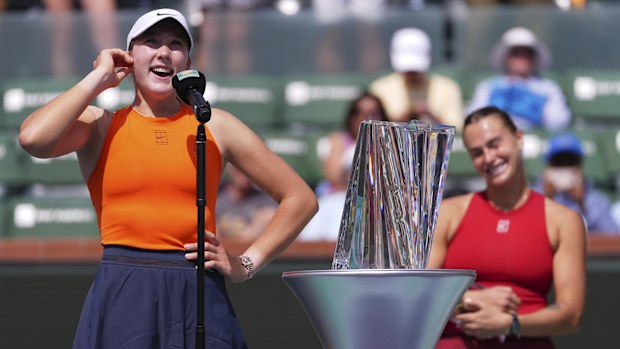 Mirra Andreeva of Russia smiles after winning the BNP Paribas Open.