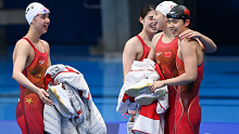 Peng Xuwei, Zhang Yufei, Tang Qianting and Yang Junxuan of China react after the women's 4X100m medley relay final of swimming at the Tokyo 2020 Olympic Games in Tokyo, Japan, Aug. 1, 2021. (Photo by Wang Jingqiang/Xinhua via Getty Images)