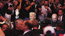 President Donald Trump attends the UFC-316 mixed martial arts event, at the Prudential Center, Saturday, June 7, 2025, in Newark, N.J., withUFC's Dana White, right. (AP Photo/Frank Franklin II)
