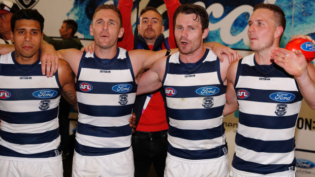 Tim Kelly (left) is a key member of a star-studded Geelong midfield.