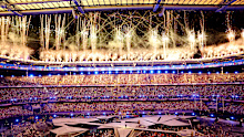 A general view of the inside of the stadium as French Singer-Songwriter Yseult performs "My Way" as a Pyrotechnics Display takes place during the Closing Ceremony of the Olympic Games Paris 2024 at Stade de France on August 11, 2024 in Paris, France. (Photo by Michael Reaves/Getty Images)
