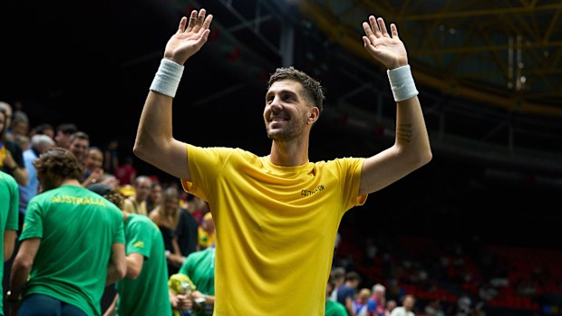 Thanasi Kokkinakis of Australia celebrates victory against Jakub Mensik of Czechia during the 2024 Davis Cup Finals Group Stage match between Australia and Czechia at Pabellon Fuente De San Luis on September 12, 2024 in Valencia, Spain. (Photo by Angel Martinez/Getty Images for ITF)