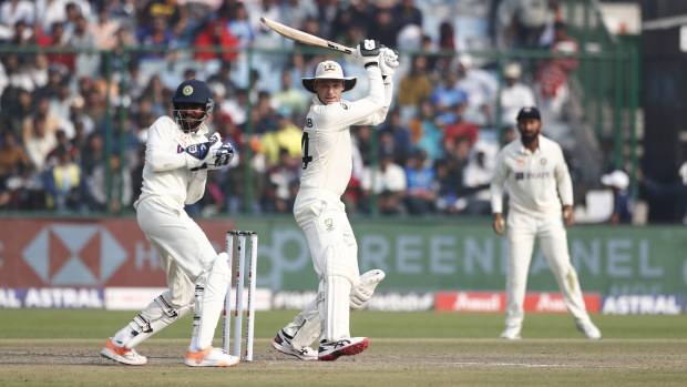 Peter Handscomb of Australia plays a shot during day one of the Second Test match in the series between India and Australia at Arun Jaitley Stadium on February 17, 2023 in Delhi, India. (Photo by Pankaj Nangia/Getty Images)