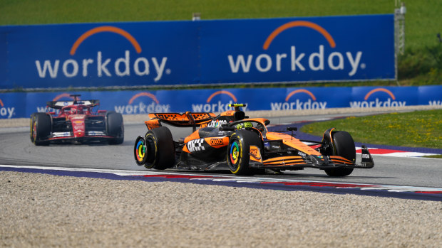 Lando Norris of the UK is driving the (4) McLaren F1 Team MCL38 Mercedes with a damaged tyre after contact with Max Verstappen of the Netherlands, who is driving the (1) Oracle Red Bull Racing RB20 Honda RBPT during the Formula 1 Qatar Airways Austrian Grand Prix in Spielberg, Austria, on June 30, 2024. (Photo by Alessio Morgese/NurPhoto)