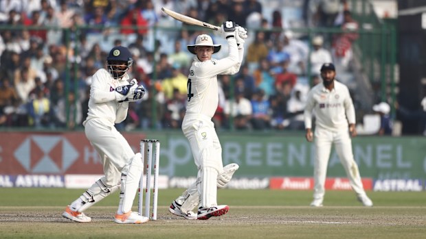 Peter Handscomb of Australia plays a shot during day one of the Second Test match in the series between India and Australia at Arun Jaitley Stadium on February 17, 2023 in Delhi, India. (Photo by Pankaj Nangia/Getty Images)