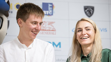 Tadej Pogacar, number one in the world cycling rankings and his fiancée Urska Zigart seen on stage during the Rog Golden Wheel awards in Ljubljana. 