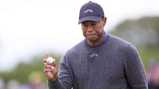 Tiger Woods reacts at the British Open.