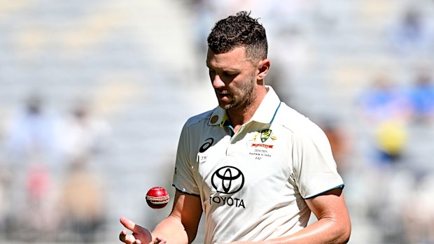 Josh Hazlewood of Australia prepares to deliver a ball during day three of the First Test.