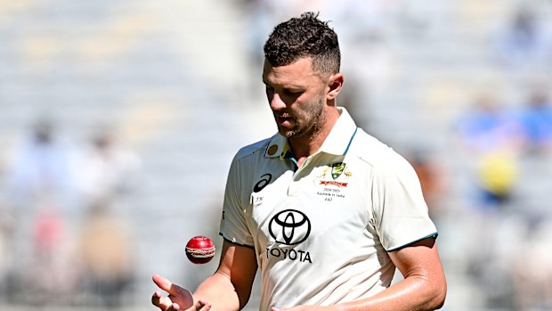 Josh Hazlewood of Australia prepares to deliver a ball during day three of the First Test.