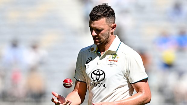 Josh Hazlewood of Australia prepares to deliver a ball during day three of the First Test.