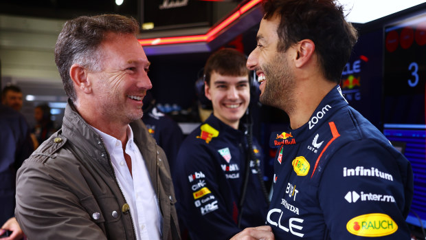 Daniel Ricciardo (right) with Red Bull team principal Christian Horner during the Silverstone Circuit tyre test.