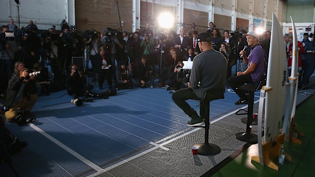 Australian surfer Mick Fanning speaks to the media during a press conference at All Sorts Sports Factory on July 21, 2015 in Sydney, Australia. Fanning escaped a shark attack in Jeffreys Bay, South Africa during the 2015 J-Bay Open.