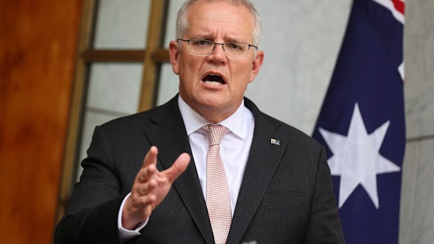 Prime Minister Scott Morrison during a press conference at Parliament House in Canberra.