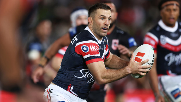 James Tedesco of the Roosters runs with the ball during the round 12 NRL match between St George Illawarra Dragons and Sydney Roosters at Netstrata Jubilee Stadium on May 19, 2023 in Sydney, Australia. (Photo by Matt King/Getty Images)
