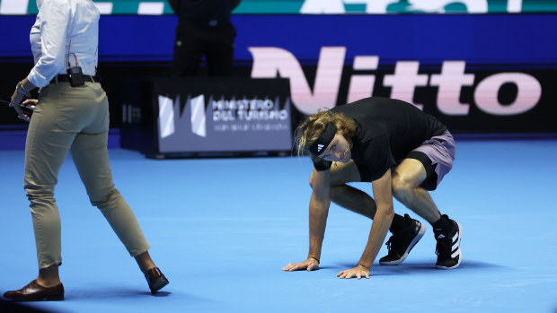 Alexander Zverev after turning his ankle against Carlos Alcaraz at the ATP Finals.