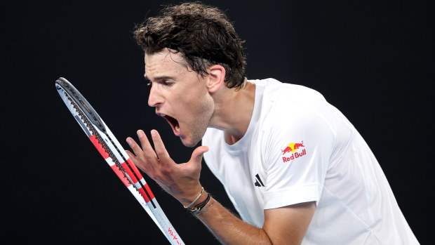 Dominic Thiem of Austria reacts in their round one singles match against Felix Auger-Aliassime of Canada during the 2024 Australian Open at Melbourne Park on January 15, 2024 in Melbourne, Australia. (Photo by Julian Finney/Getty Images)