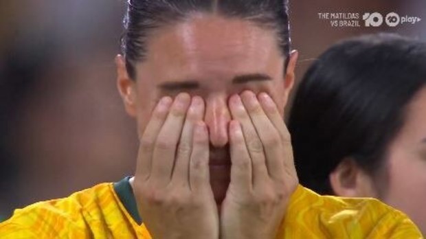 Matildas teammates were seen crying before the match, during Polkinghorne's farewell.