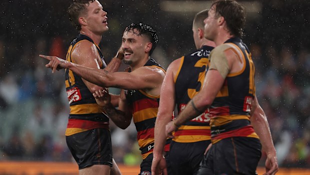 ADELAIDE, AUSTRALIA - JULY 27: Izak Rankine of the Crows celebrates a goal during the 2025 AFL Round 20 match between the Adelaide Crows and the Port Adelaide Power at Adelaide Oval on July 27, 2025 in Adelaide, Australia. (Photo by James Elsby/AFL Photos via Getty Images)