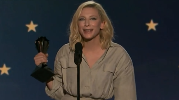 Cate Blanchett criticises the 'patriarchal pyramid' of award shows in Critics' Choice Awards acceptance speech.
