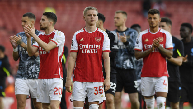 Oleksandr Zinchenko of Arsenal looks dejected following the Premier League match between Arsenal FC and Everton FC at Emirates Stadium on May 19, 2024 in London, England. (Photo by Alan Walter - Arsenal FC/Arsenal FC via Getty Images)