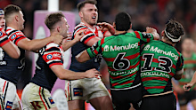 Players scuffle during last year's Roosters vs Rabbitohs grudge match.