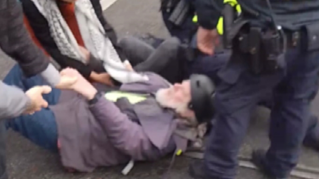 An elderly protester has been pushed to the ground as tensions flared at a disability funding rally in Melbourne.