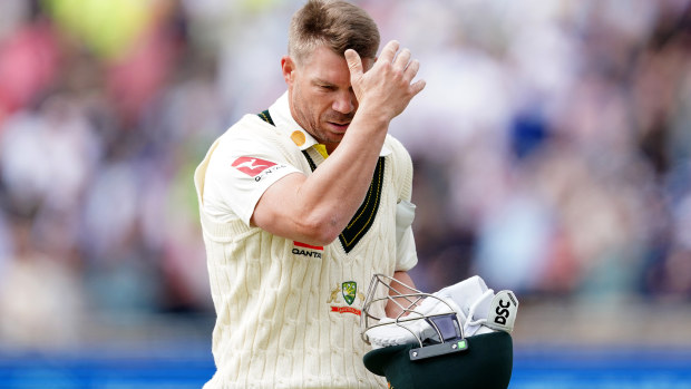 Australia's David Warner looks dejected after being dismissed by England's Stuart Broad (not pictured) during day one of the third Ashes test match at Headingley, Leeds. Picture date: Thursday July 6, 2023. (Photo by Mike Egerton/PA Images via Getty Images)