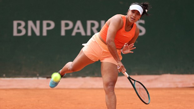 Australia's Destanee Aiava serves against Dayana Yastremska in their first-round match. 