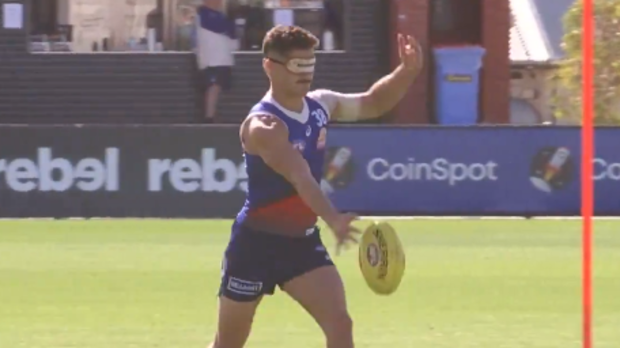 Bulldogs players were blindfolded at training.