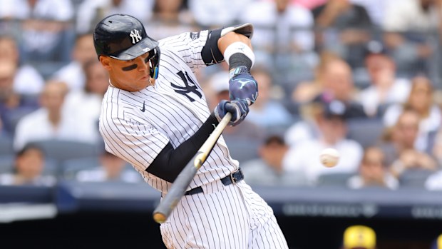 Aaron Judge #99 of the New York Yankees hits a fourth inning grand slam home run against the Milwaukee Brewers at Yankee Stadium on March 29, 2025 in New York City. New York Yankees defeated the Milwaukee Brewers 20-9. (Photo by Mike Stobe/Getty Images)