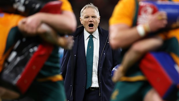 Joe Schmidt of Australia shouts instructions during the warm up in Cardiff.