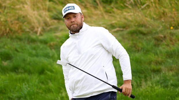 Daniel Brown of England reacts on the sixth hole on day one of The 152nd Open championship at Royal Troon on July 18, 2024 in Troon, Scotland. (Photo by Andrew Redington/Getty Images)