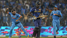 India's Mohammed Shami celebrates the dismissal of Sri Lanka's Angelo Mathews.