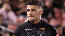 Nathan Cleary looks on during the round 26 NRL match between Penrith Panthers and South Sydney Rabbitohs at BlueBet Stadium, on August 30, 2024, in Penrith, Australia. 