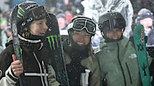 The women's ski superpipe podium at X Games Aspen 2026, featuring bronze medallist Cassie Sharpe, gold medallist Zoe Atkin and silver medallist Indra Brown.