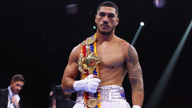Jai Opetaia celebrates victory with the belt following the Cruiserweight fight between Jai Opetaia and Ellis Zoro during the Day of Reckoning: Fight Night at Kingdom Arena on December 23, 2023 in Riyadh, Saudi Arabia. (Photo by Richard Pelham/Getty Images)