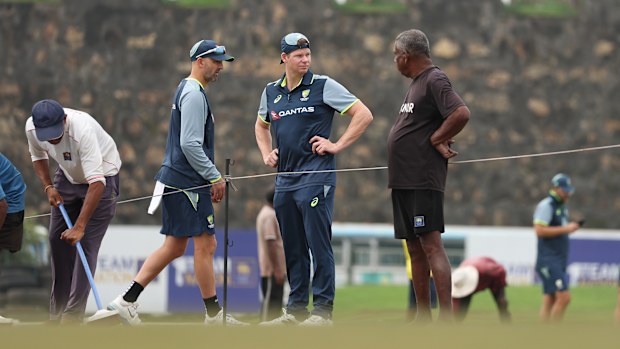 Steve Smith inspecting the Galle wicket.